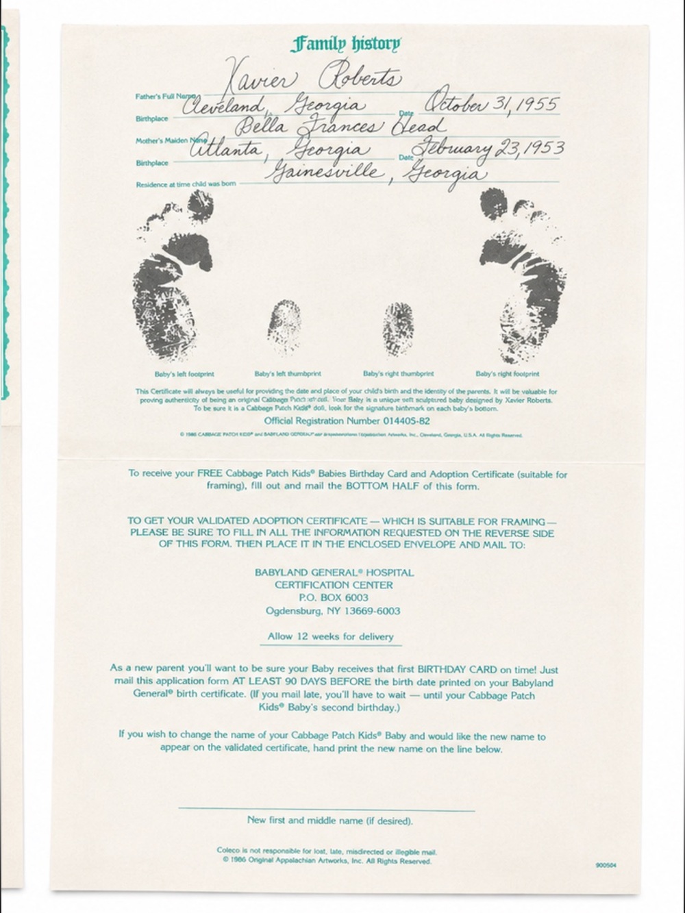 Cabbage Patch Kids Keepsake Adoption Certificate - add-on to doll purchase